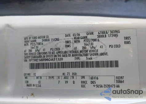 2006 Ford E-150 Commercial/Recreational z USA, uszkodzony, nr VIN 1FTRE14W96DA51320